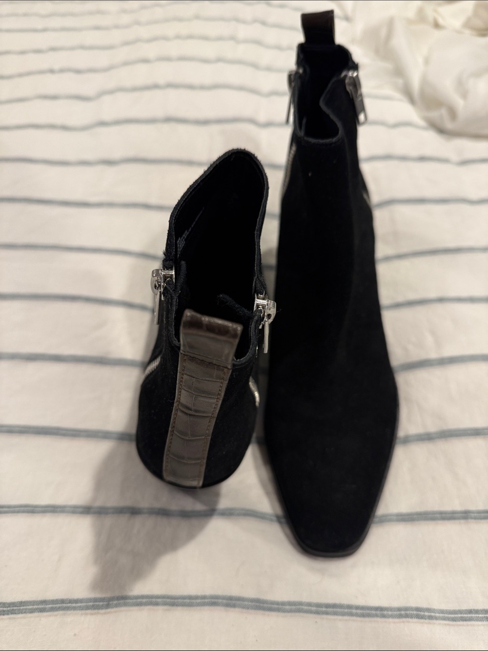 Dolce Vita Black Suede Ankle Booties with Croc-Textured Pull Tab